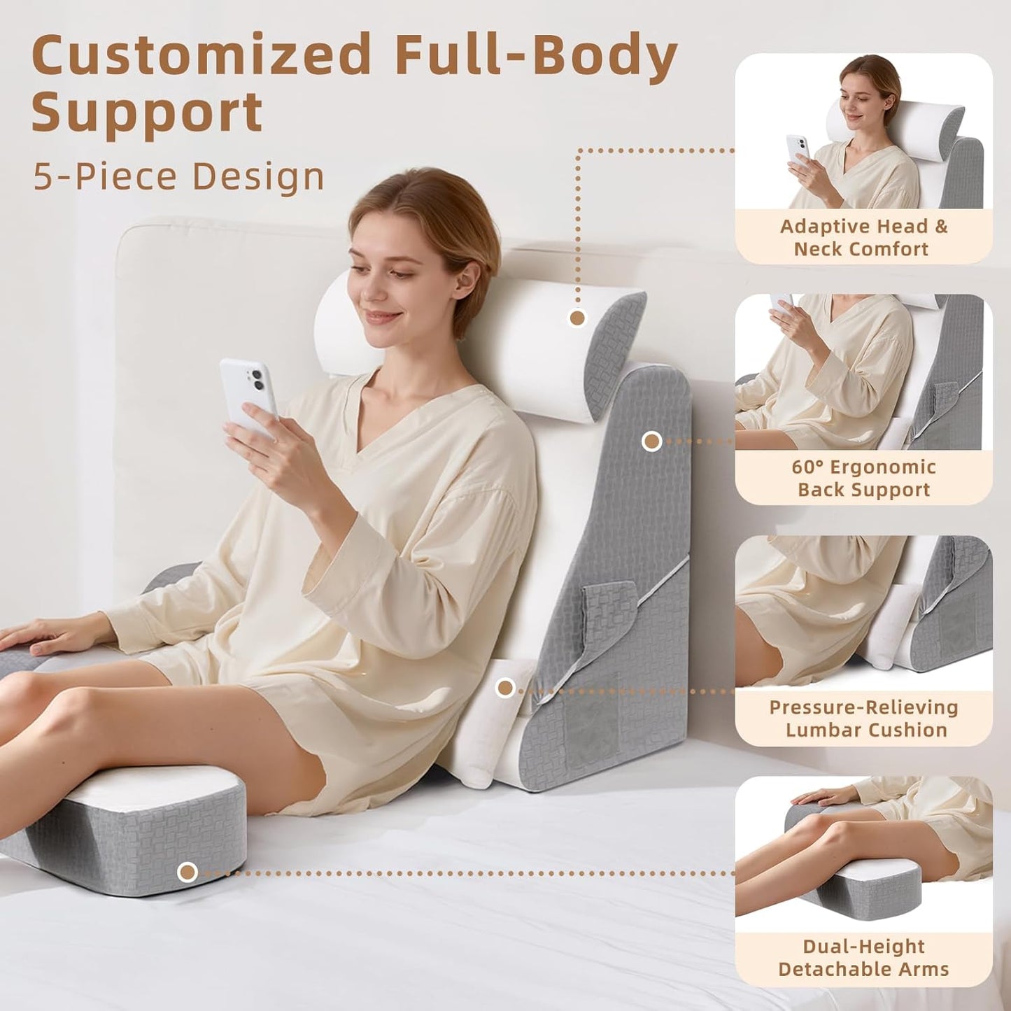 5PCS Reading Pillow for Sitting in Bed Adult, 2 in 1 Foldable Back Wedge Pillow for Sleep, Ergonomic Back Support Pillow with Arms for Watching TV, Gaming, Working, Recovery, 19” White/Grey