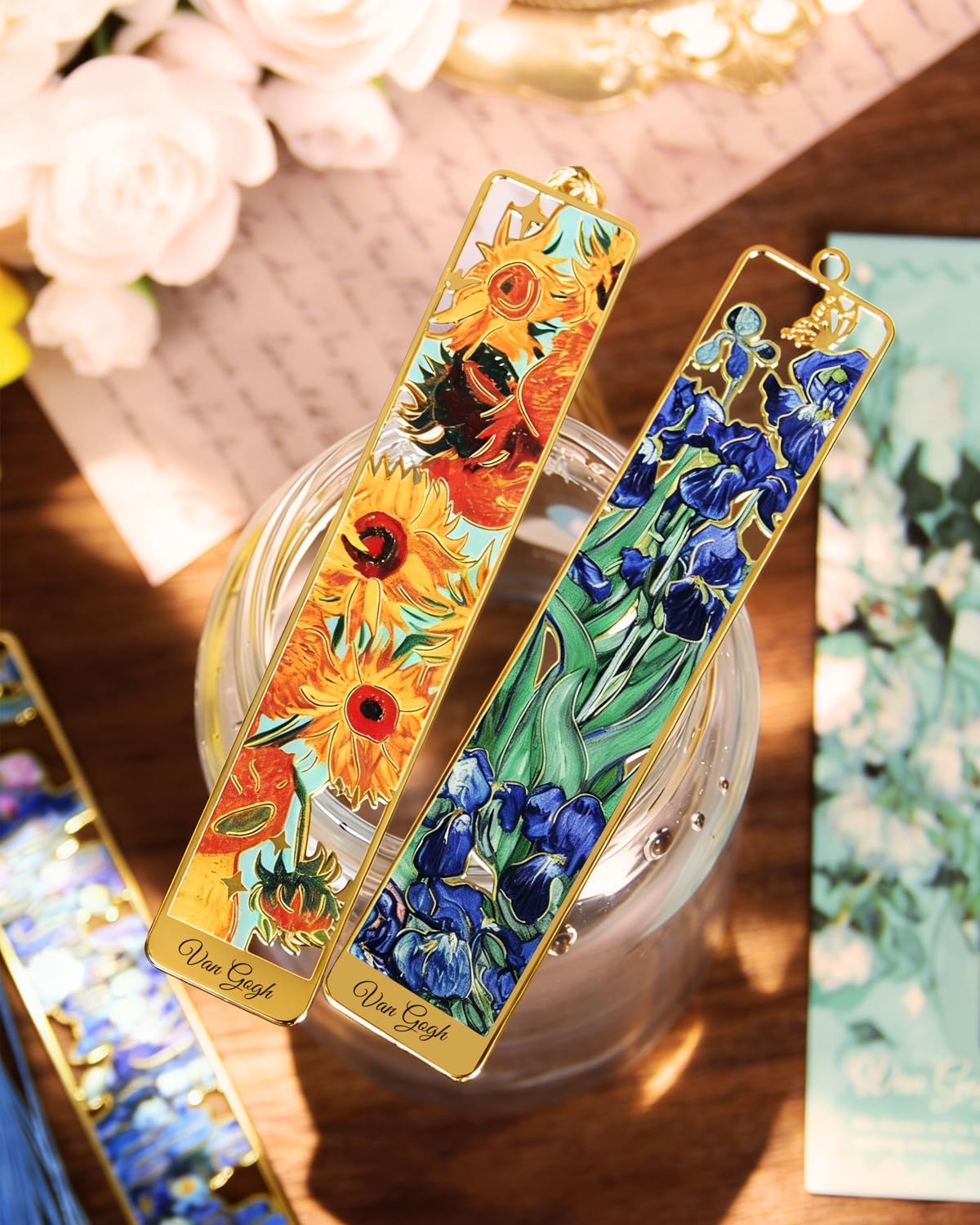 4 Pieces Metal Bookmarks with Tassel, Golden Hollow Bookmark Van Gogh Monet Oil Painting Theme Book Marker for Book Lovers Writers Readers Children Teens Men Women Adults