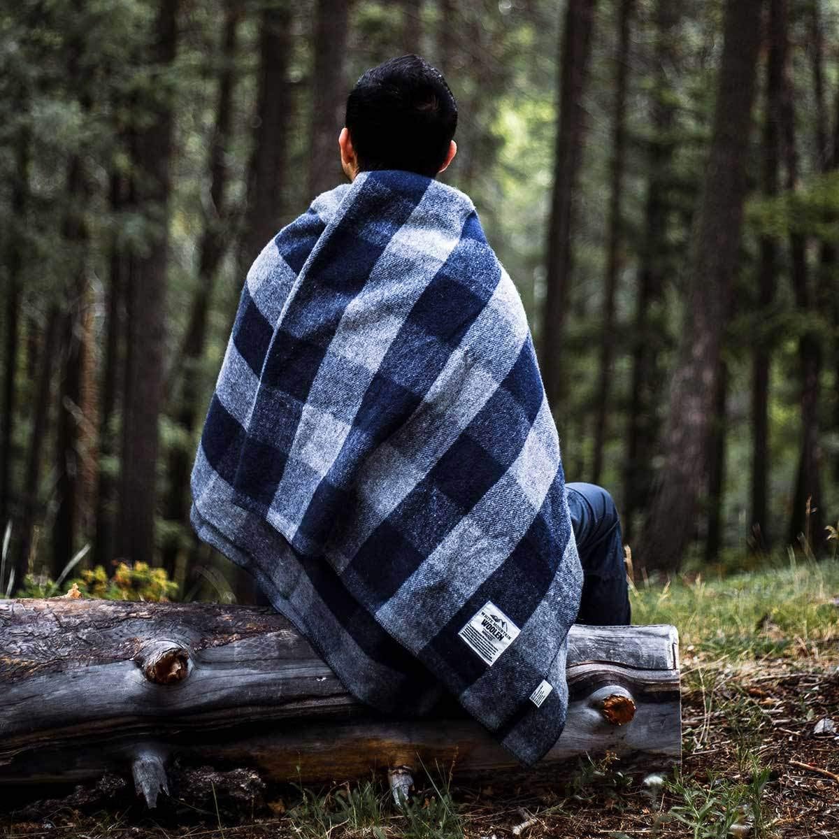 Lodge Twin Blanket - 80% Recycled Wool - Buffalo Plaid - Warm Throw Blanket - Thick - Washable - 65W x 90L - Gray and Blue Plaid