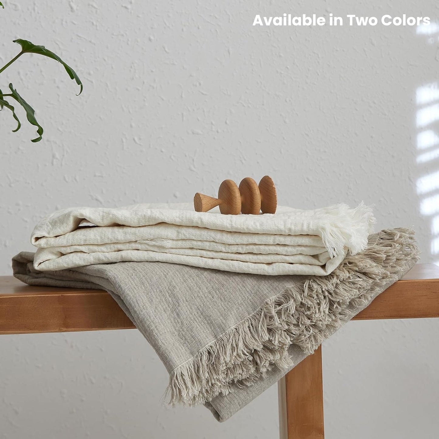 Simple&Opulence 100% Linen Throw Blanket 55x75 inches, Farmhouse Boho Tassel Blanket for Couch, Bed, Sofa, Breathable Natural Cozy Décor, White