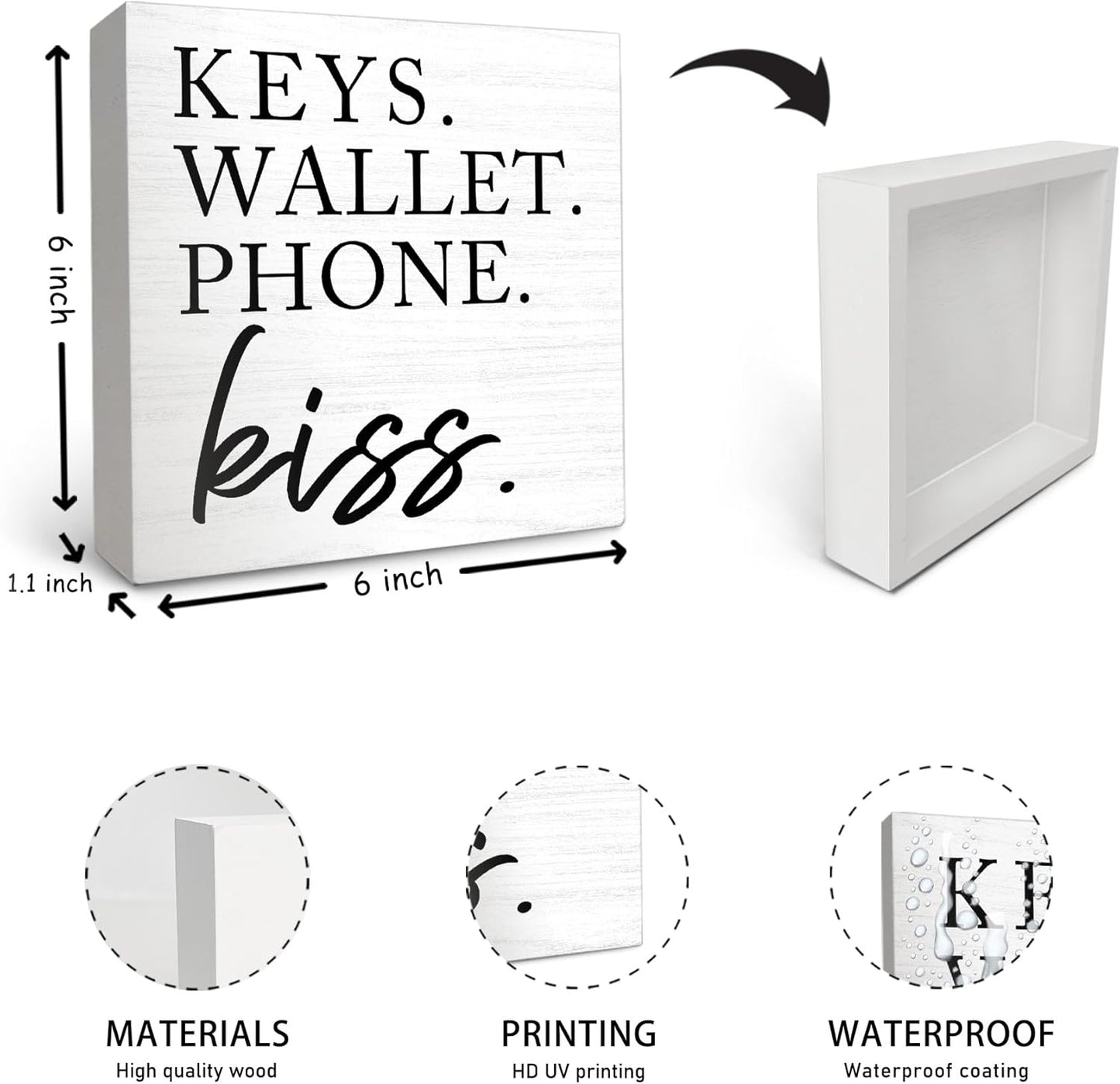 OFlich Wooden Entryway Table Decor - Box Sign, Keys Wallet Phone Holder, 6x6 Inches