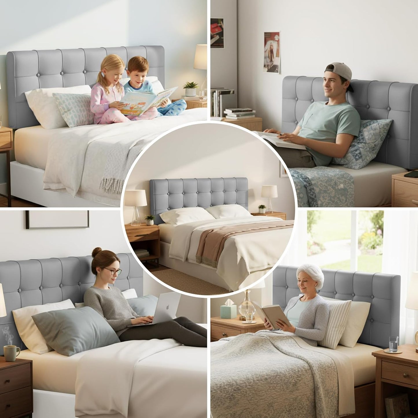 Twin Size Upholstered Headboard - High-Density Foam Gray Cushion, Peel and Stick Floating, Storage Pockets & Non-Slip Straps for Dorm, Rentals & Bedroom Decor