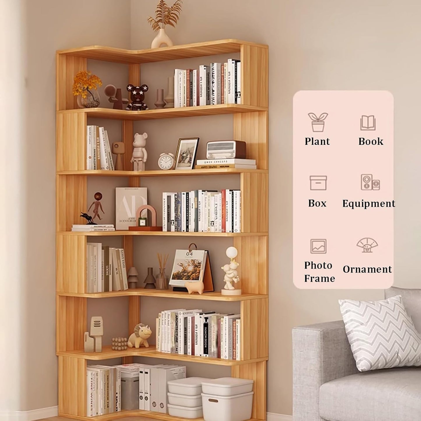 Modern 6-Tier Corner Bookshelf, L-Shaped Freestanding Bookcase with Anti-Drop Panel, Stylish Etagere Shelf for Home Office & Living Room Storage Organizer