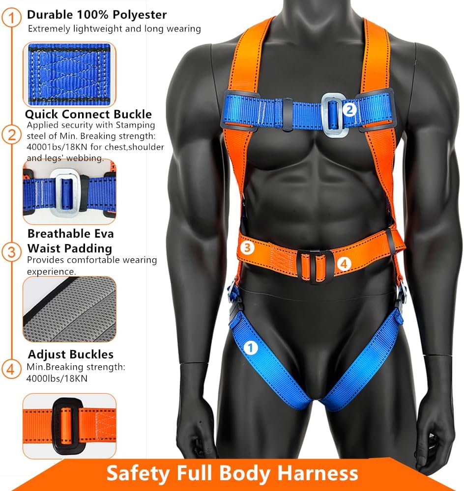 Full Body Safety Harness Tool Fall Protection，OSHA/ANSI Compliant,ASTM F1774certified | INTERNAL Shock Absorbing Lanyard（Orange）