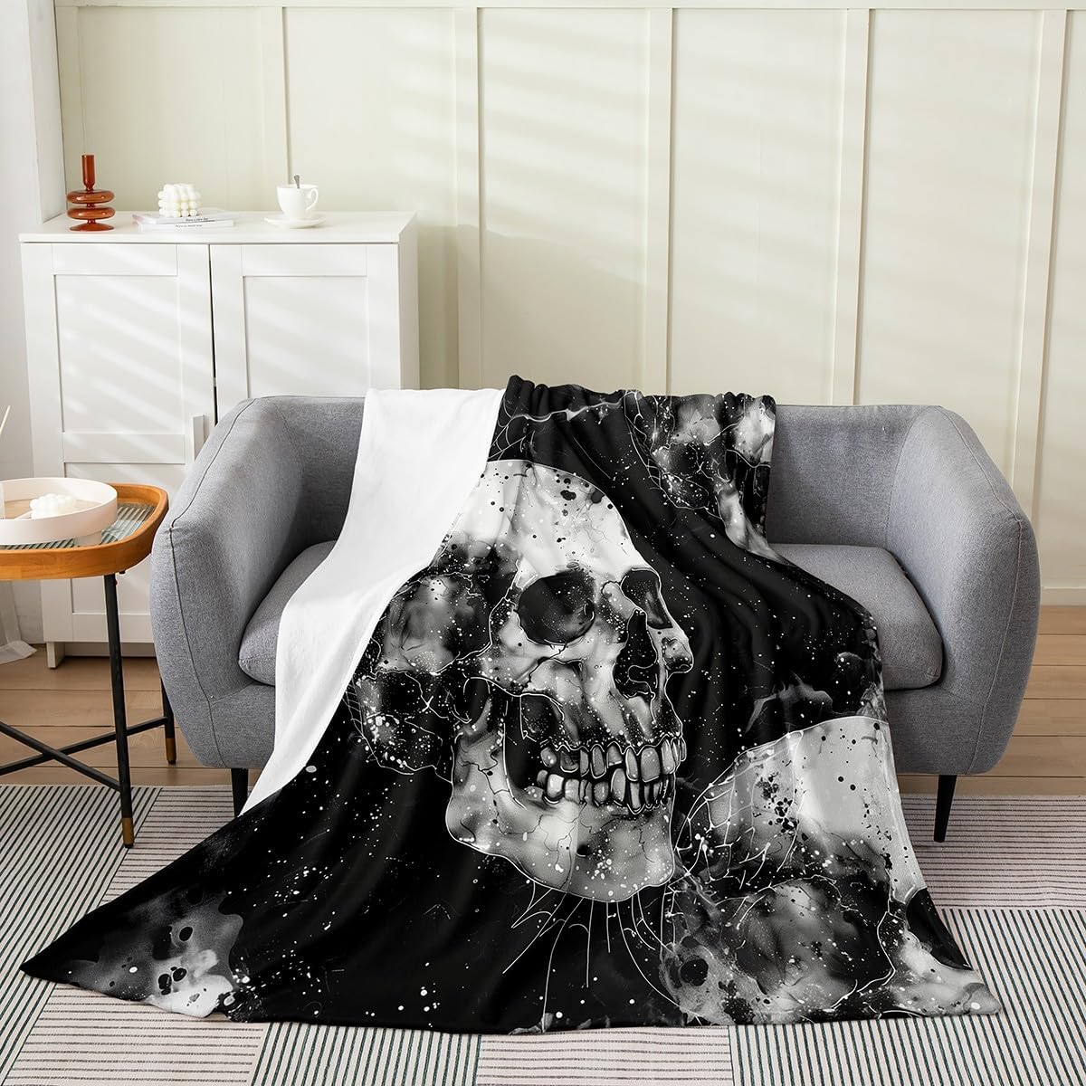Feelyou Sugar Skull Plush Blanket Halloween Skeleton Skull Flannel Fleece Throw Blanket Halloween Decor Cute Skull Fuzzy Blanket Queen 90"x90" Warm Cozy