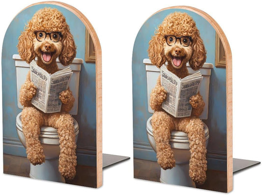 Goldendoodle on Toilet Reading Newspaper Decorative Bookends for Shelves 1 Pair Book Ends Stoppers Holder for Home Office