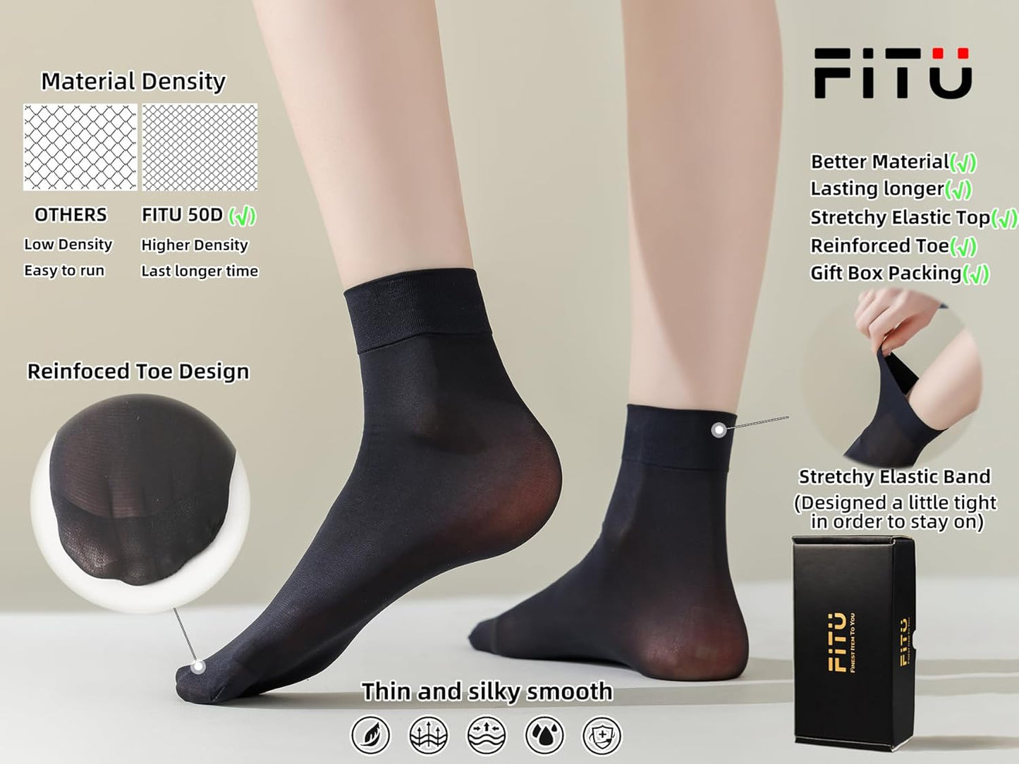 Women's 10-24 Pairs (in Gift Box) Ankle High Sheer Nylon Socks Soft Tight Hosiery with Reinforced Toe