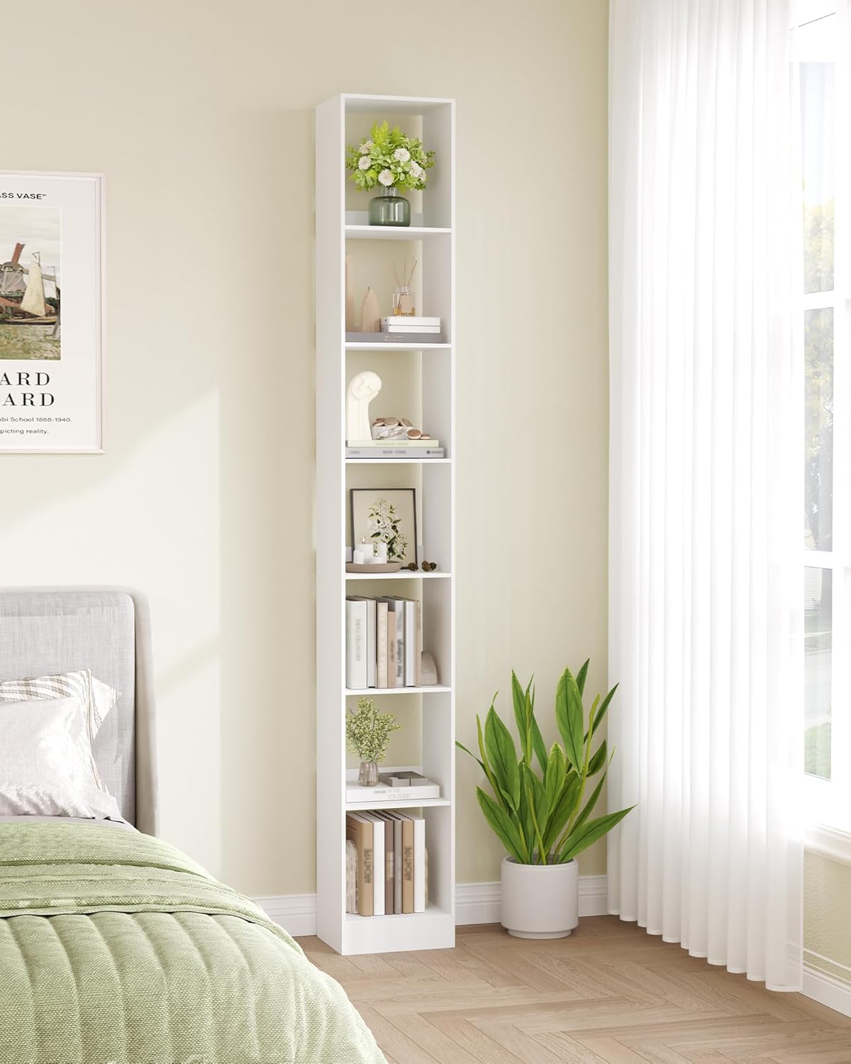 Bookcase, Tall Narrow Bookshelf, Open Display Storage Shelf, Skinny Cube Book Shelf with Adjustable Shelves, CD Rack for Living Room, Home Office 7-Tier(9.4 x 11.8 x 84.3 inch) White BC79703X