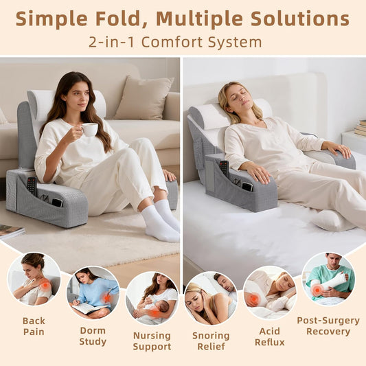 5PCS Reading Pillow for Sitting in Bed Adult, 2 in 1 Foldable Back Wedge Pillow for Sleep, Ergonomic Back Support Pillow with Arms for Watching TV, Gaming, Working, Recovery, 19” White/Grey
