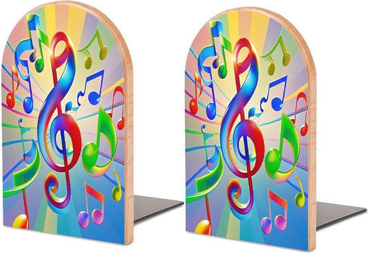 Colorful Music Bookends 1 Pair Heavy Duty Book Ends for Shelves Non-Skid Bookend Supports Wooden Book Holders with Metal Base Desk Organizers Books Storage to Hold Books