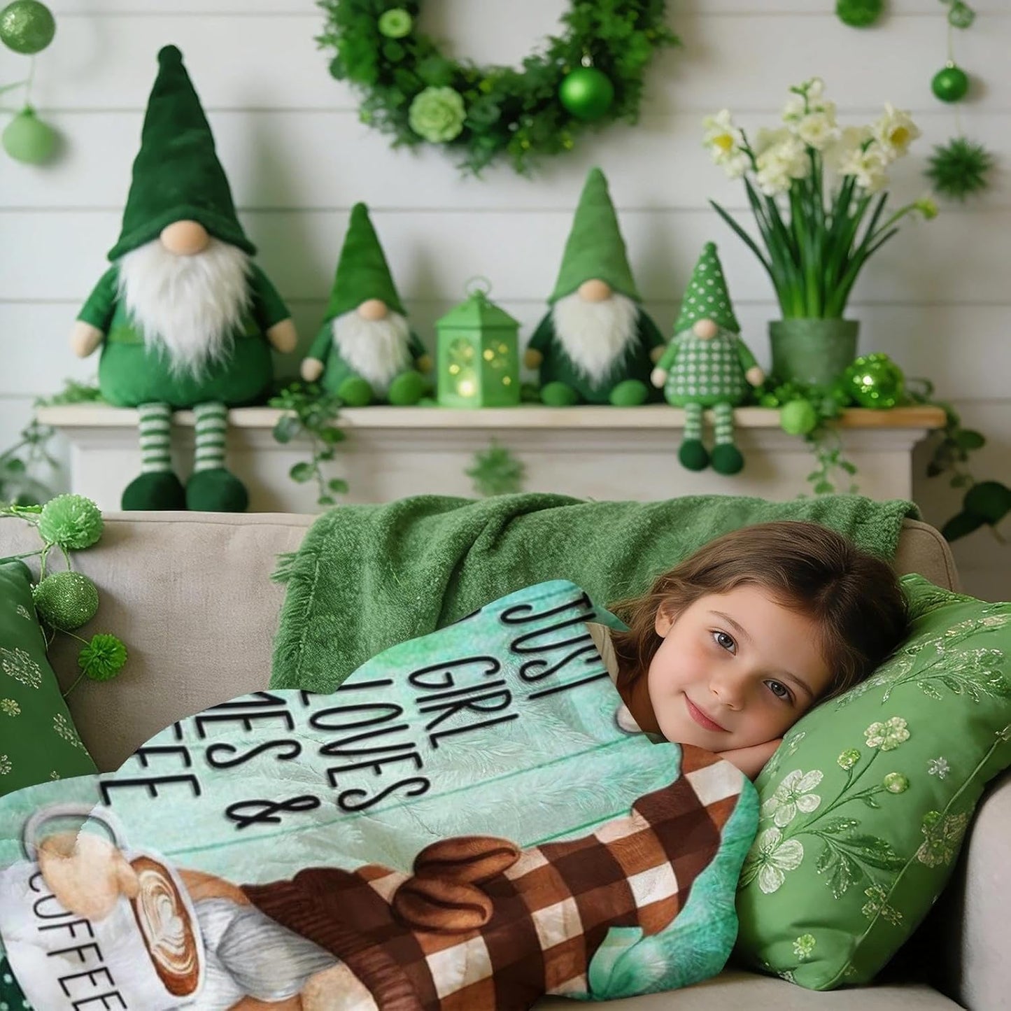 Coffee Gnome Blanket for Girls- Gnomes Gifts for Gnome Lovers, Daughter, Kids, Galentine's Day Soft Spring Gnome Theme Throw Blanket, 50x40 Inches