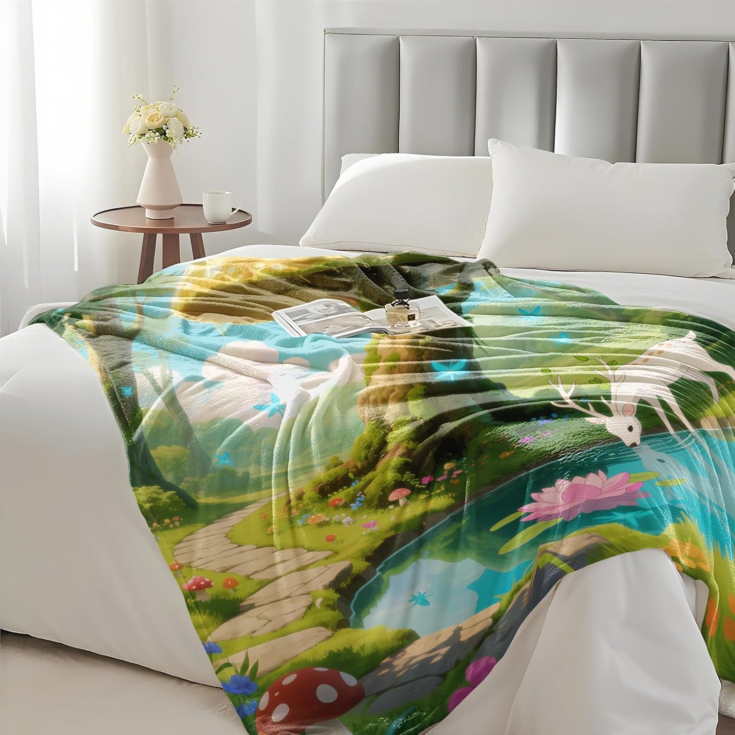 Dragonfly Meadow Blanket Soft Cozy Flannel Throw Blankets, Green Insect and Leaf Watercolor Art Throws for Couch Bed Sofa Living Room Nature Decor, Gifts for Garden Lovers Women Adults 60"×50"