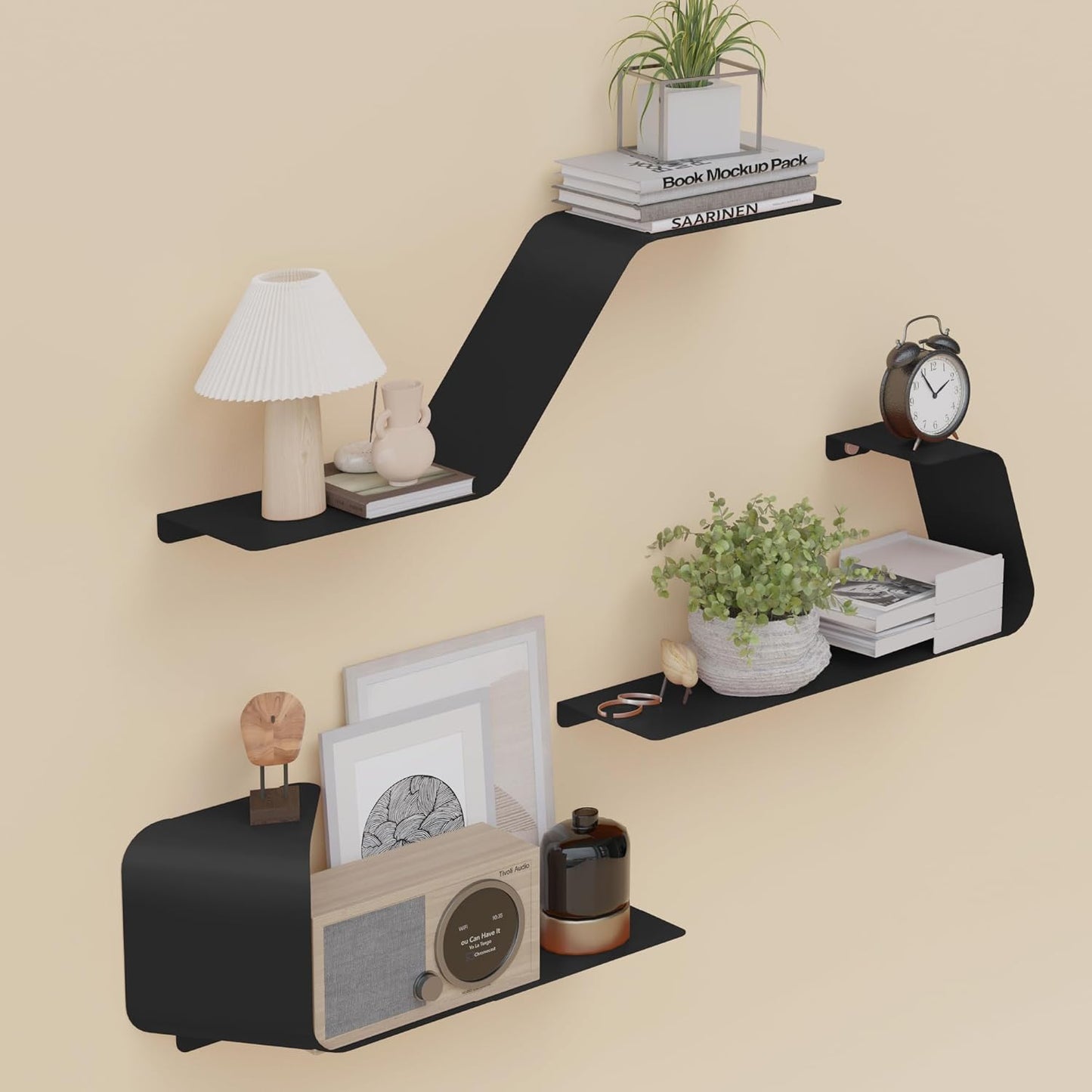 Floating Wall Shelves — Set of 3, Wall-Mounted Metal, Black