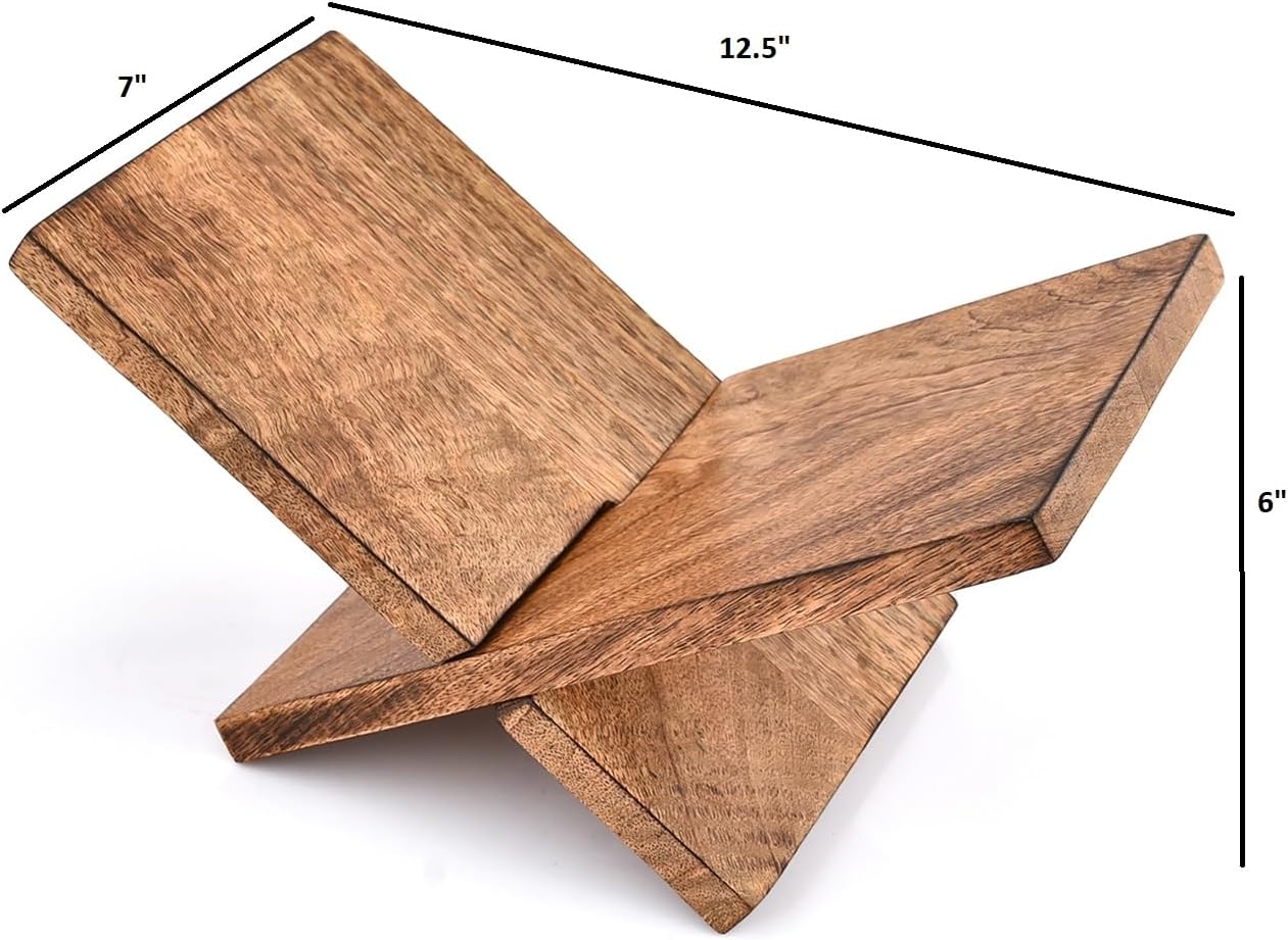 Edhas Wooden Book Holder, Coffee Table Stand & Easel for Magazines, Art, Cookbooks, Bible or Quran – Handcrafted Mango Wood with Burnt Finish (12.5" x 7" x 6")