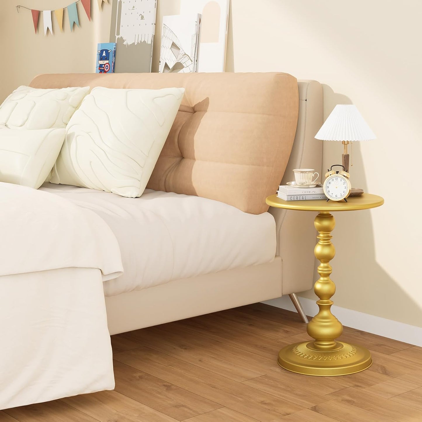 Metal Round Side Table, Small Drink Table for Small Spaces, Matte Modern Accent End Tables Coffee Tables, Pedestal Tables for Living Room, Bedroom, Corners, and Office, 21'' Height (Gold)