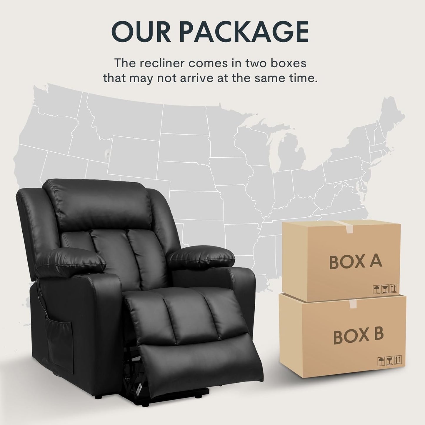 Medium Black PU Leather Living Room with Chair Massage and Heat for Elderly Reclining Sofa with Cup Holders and Side Pockets Electric Power Lift Recliner