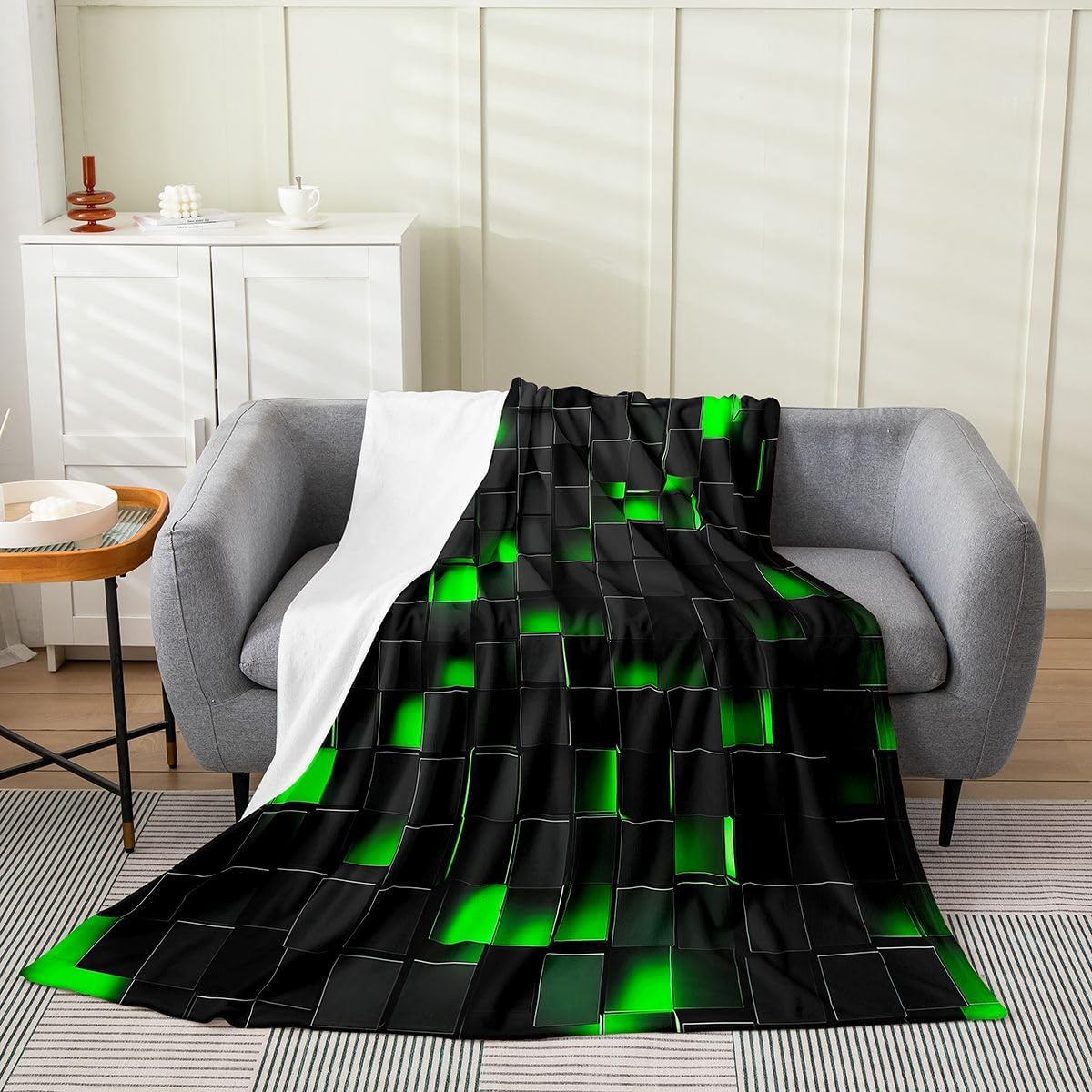 Castle Fairy Neon Green Black Flannel Blankets,Geometric Honeycomb Fleece Blanket,Kids Girls Boys Adult 3D Square Block Fuzzy Blankets Cool Modern Sherpa Blanket Chair Sofa Bed Decor,60"×80"