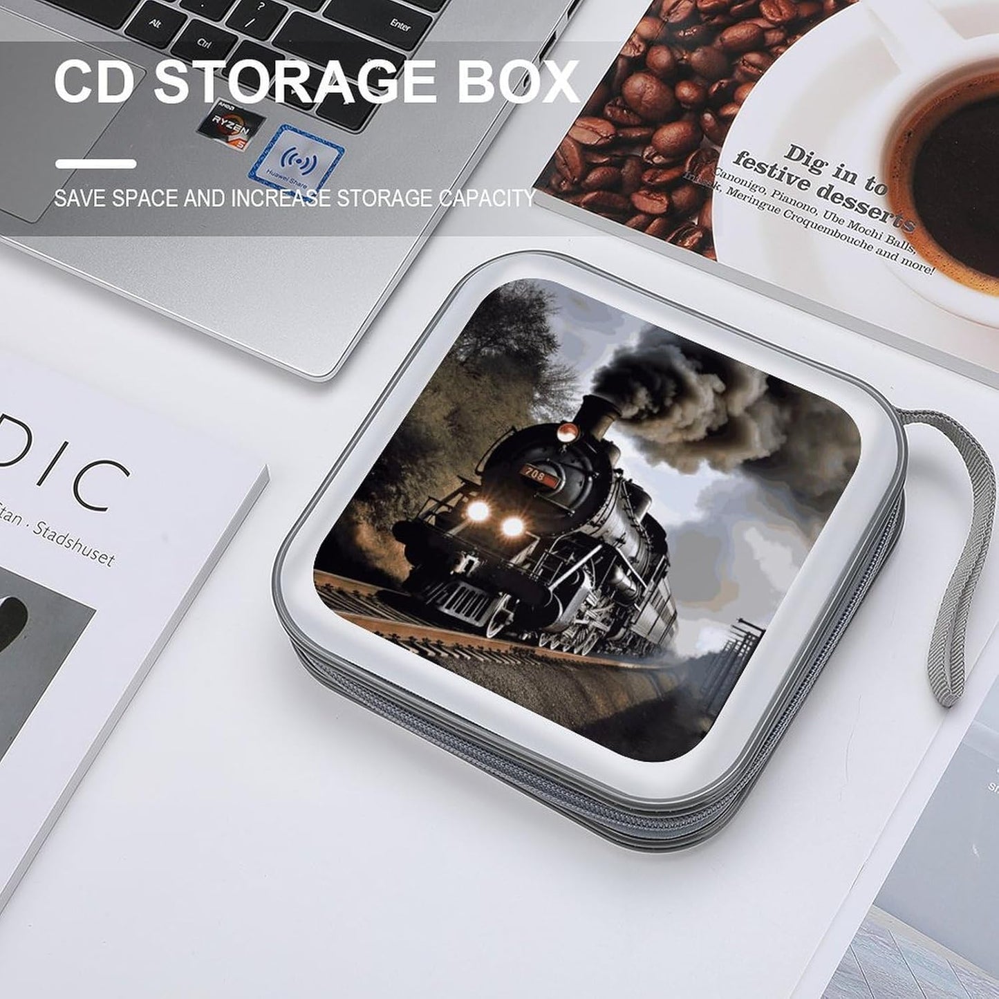 Steam Train CD Case 40 Capacity Case Zipper CD Collection Bag with Handles Cover DVD Storage Hard Plastic DVD Disc Cases Storage Binder for Car Home Office Travel