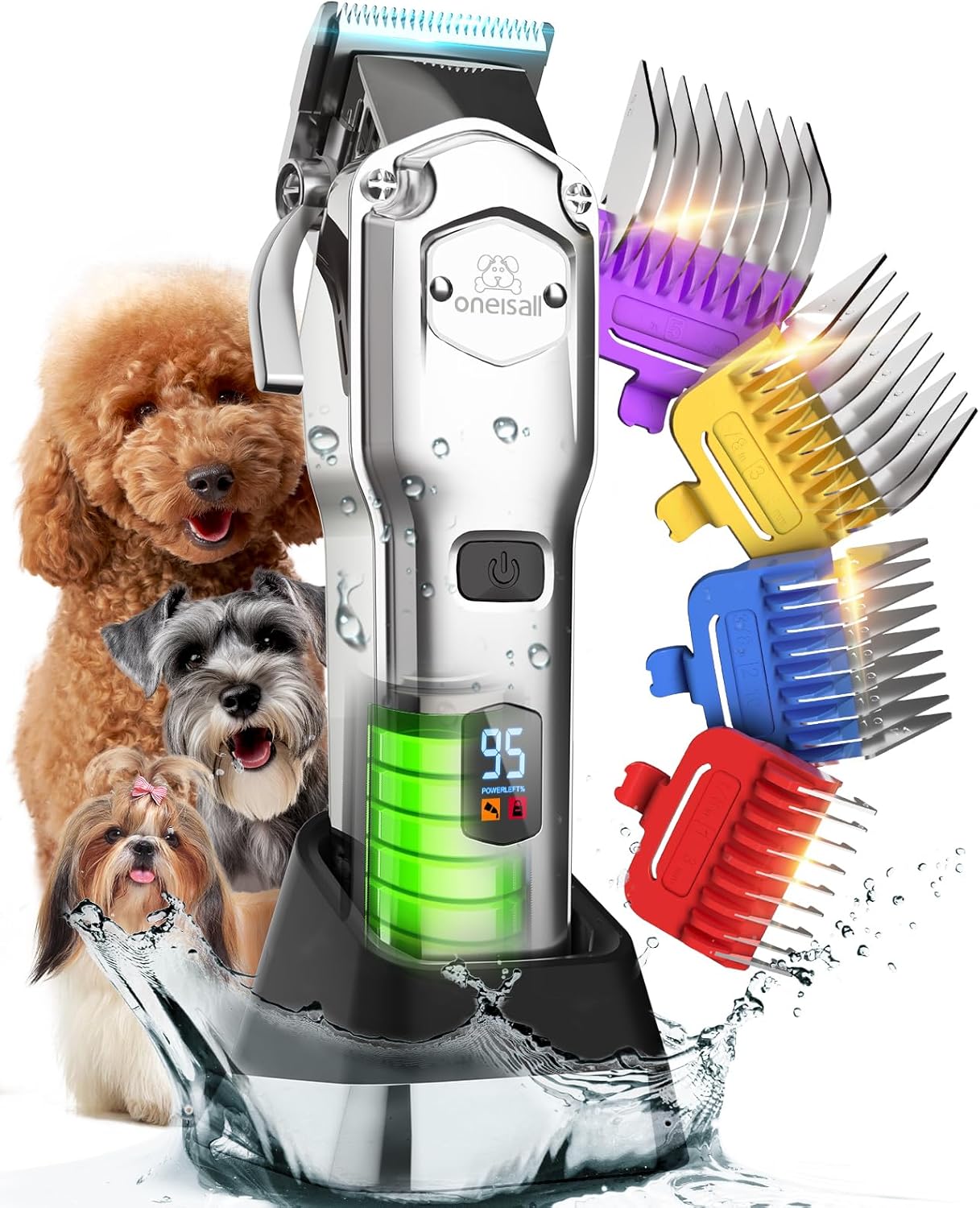 oneisall Professional Dog Grooming Clippers: Cordless Rechargeable Thick Hair Clipper with Detachable Metal Combs, Low Noise Heavy-Duty Pet Clippers for Curly/Fine/Wavy Hair, 676pro (Silver)