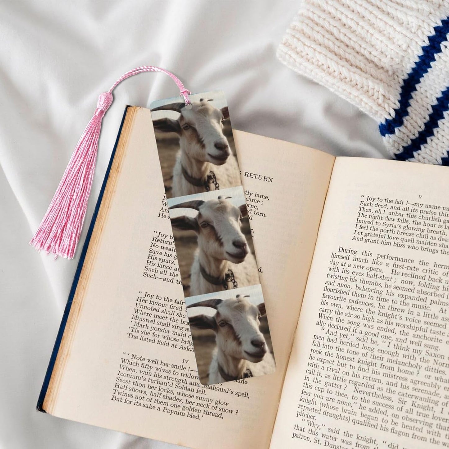 Goat on Hillside Bookmarks Gifts for Women Men, Wooden Bookmarks for Book Lovers, Vintage Book Marks Ornaments with Tassel, Unique Personalized Reading Page Markers Pink