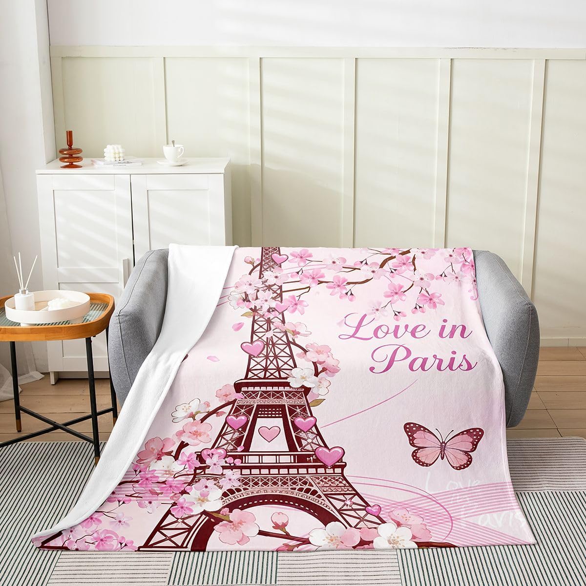 Feelyou Paris Flannel Fleece Throw Blanket,All Season Eiffel Tower Bed Blanket Cherry Blossoms Fuzzy Blanket for Bed Sofa Couch,Bedroom Decor Paris Decor Pink Plush Blanket Baby 30"x40"