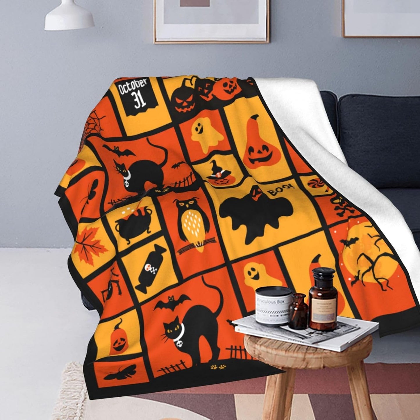 Halloween Happy Halloween Blanket Halloween Throw Blanket Flannel Lightweight Soft Plush Fuzzy Blankets for Bed Sofa Couch Livingroom Chair Car Travel Pet 50"x40"