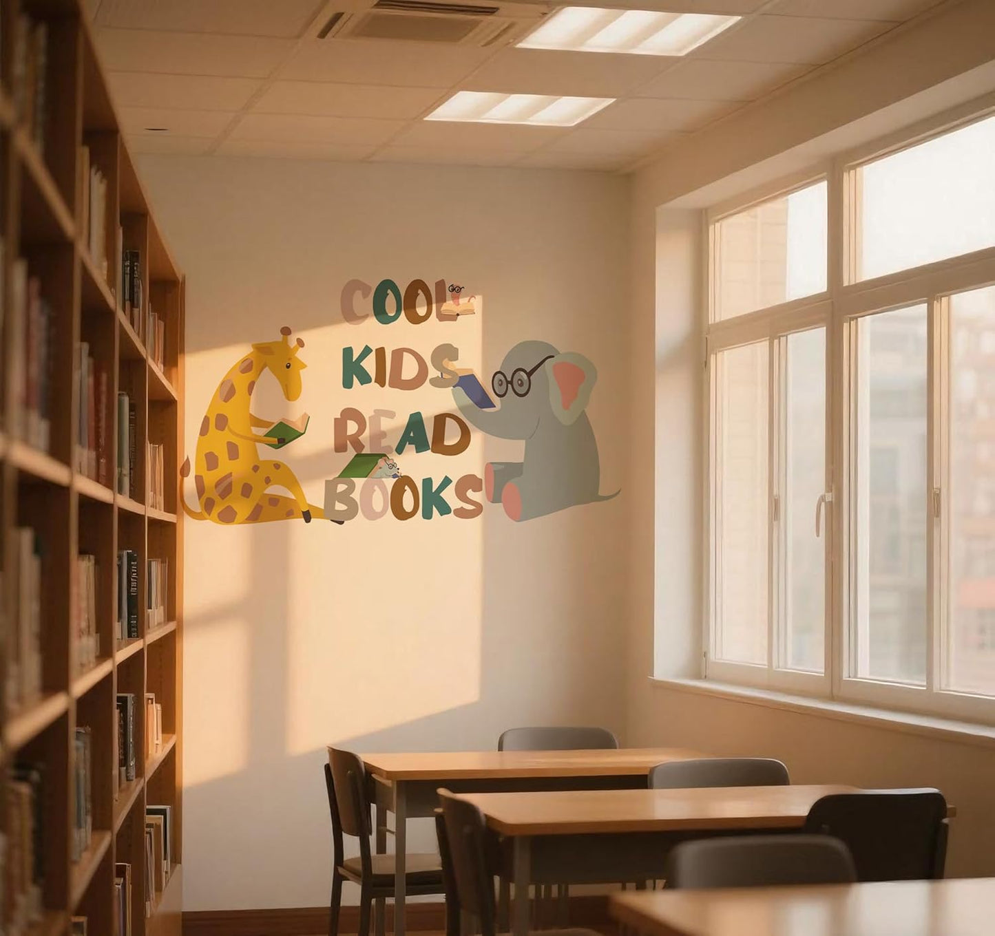 Reading Wall Decal for Kid's Room, Cool Kids Read Books Motivational Quotes Wall Sticker, Giraffe Elephant Reads Theme Vinyl Removable Wall Art for Classroom Preschool Library