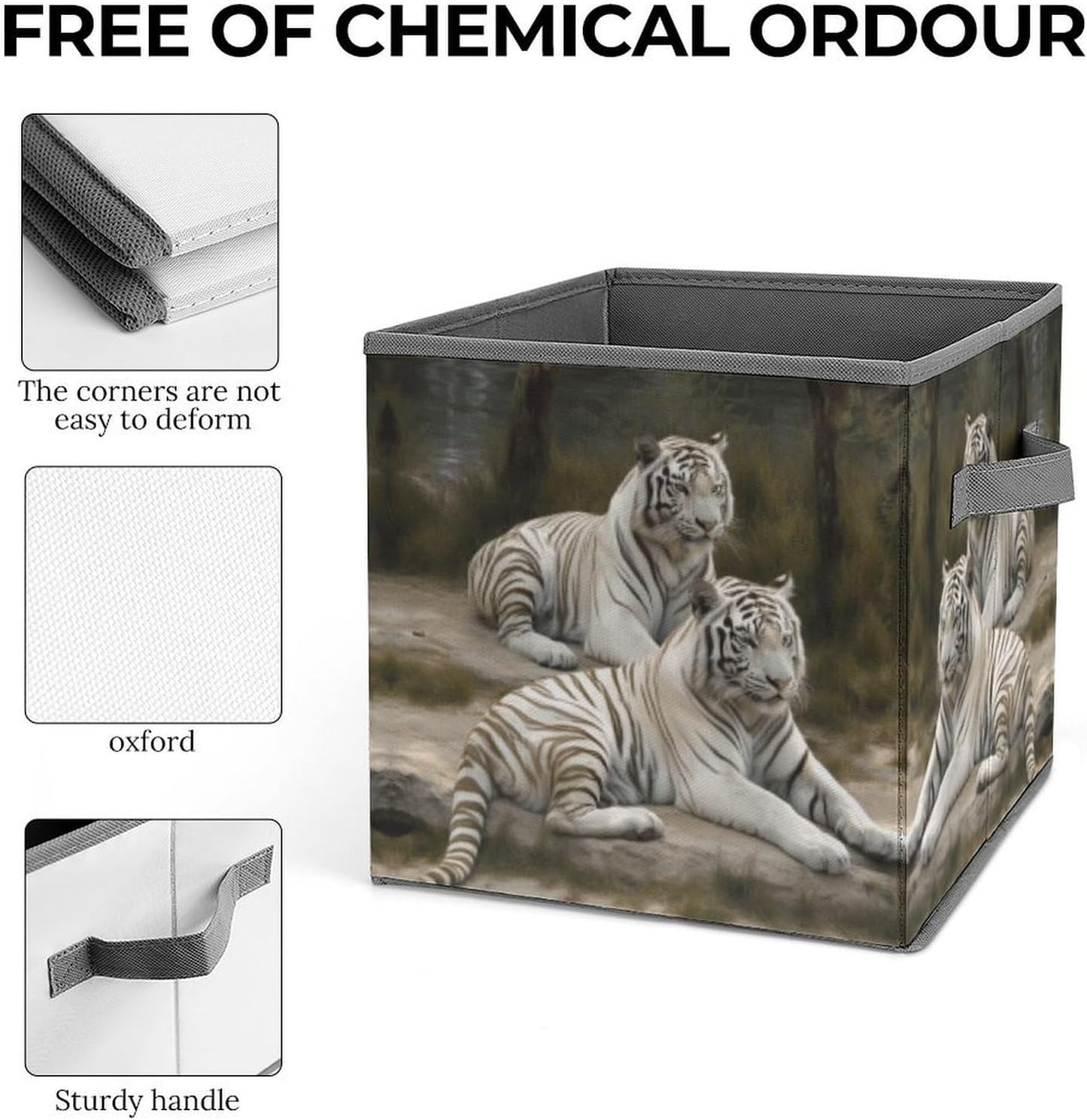 White Tigers Storage Bins with Handles Fashion Large Storage Cubes Sturdy Foldable Storage Boxes Space-Saving Storage Baskets for Home Office Clothes Closet Organizers