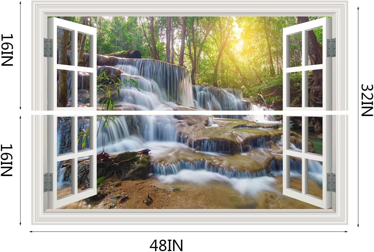 Fake Window Wall Mural Sticker Forest Tree Jungle Waterfall Faux Window Poster Decal Picture Open Wall Art Decor, Stick and Peel Landscape Natural Scenery Scene（48"x32",Set of 2 Sheets）