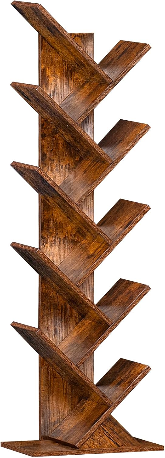 10 Tier Tree Book Shelf, Floor Standing Wood Bookshelf for Narrow Space, Storage Organizer Bookshelves for Books/CDs/Magazine, Bookcase with Shelves for Home Office, Living Room - Brown