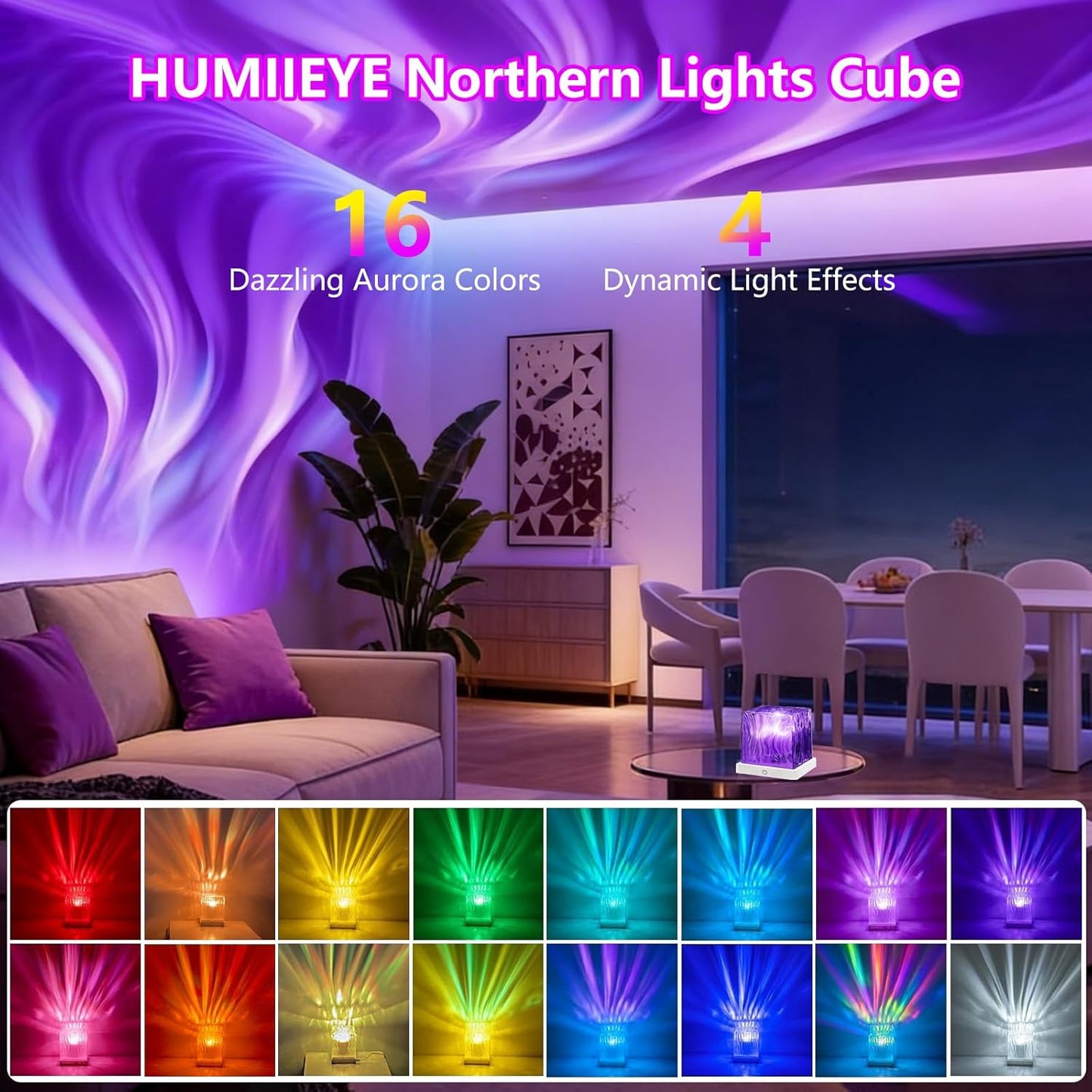 Northern Lights Projector, 1800mAh Battery Operated Aurora Night Light Cube, 16 Color, Remote Mood Lighting Galaxy Projector, Trendy Cute Stuff for Kids Teen Girls Gifts Bedroom Room Decor
