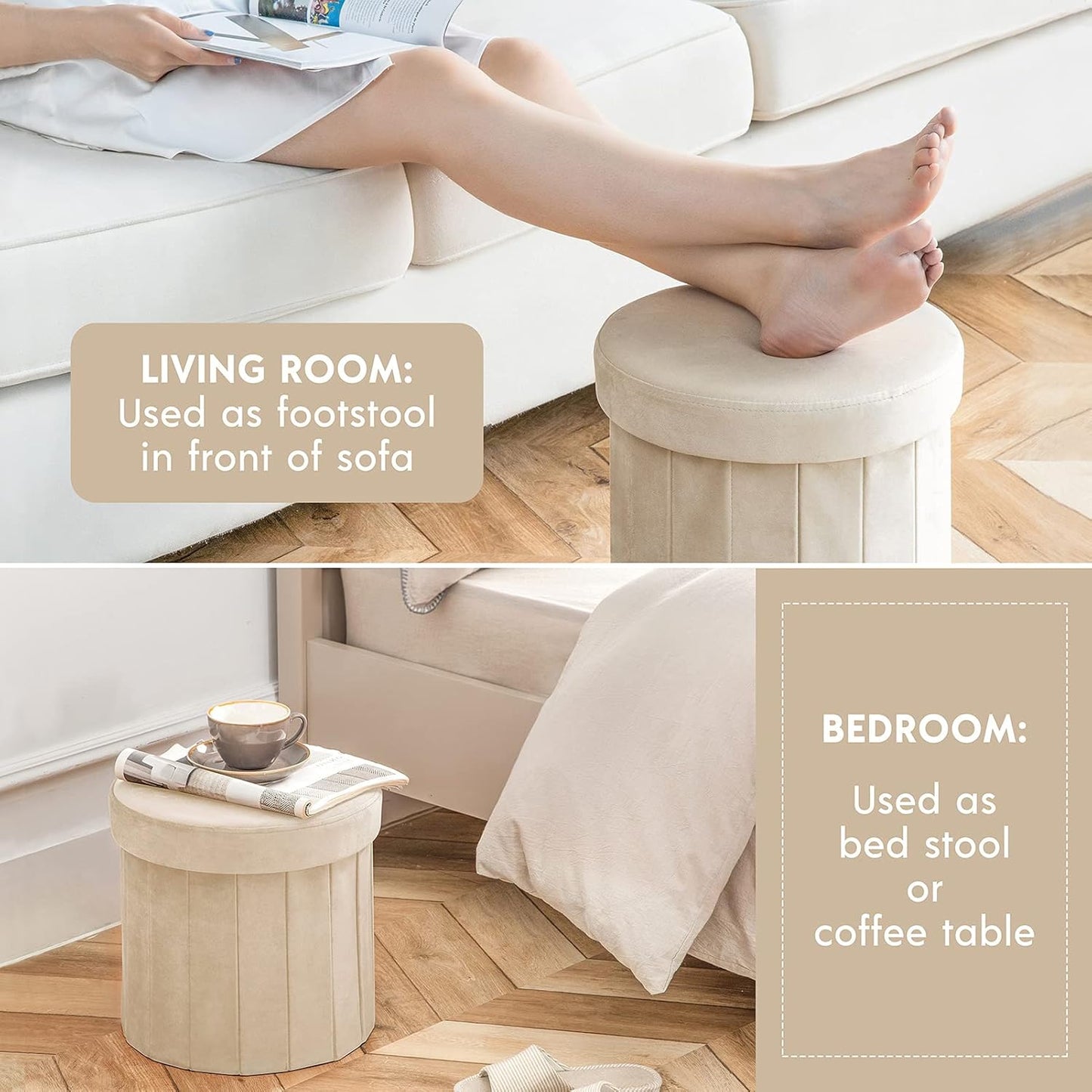 Phantoscope Storage Ottoman Round15 Inch, Velvet Folding Storage Boxes Footrest Foot Ottoman Toy Box, Padded Seat for Dorm Living Room Bedroom, Support 220lbs Off-White