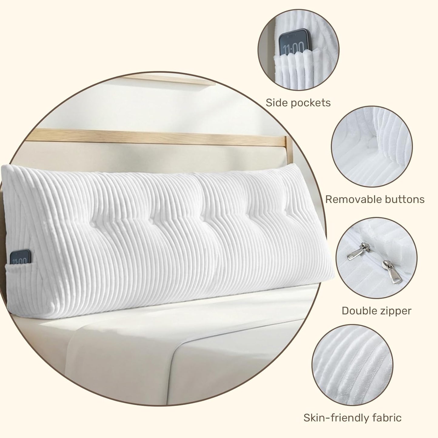 Deodar Headboard Pillow King, Wedge Pillows Headboard Triangle Reading Back Pillow with Removable Cover for Dorm Gaming Sleeping TV, Beige