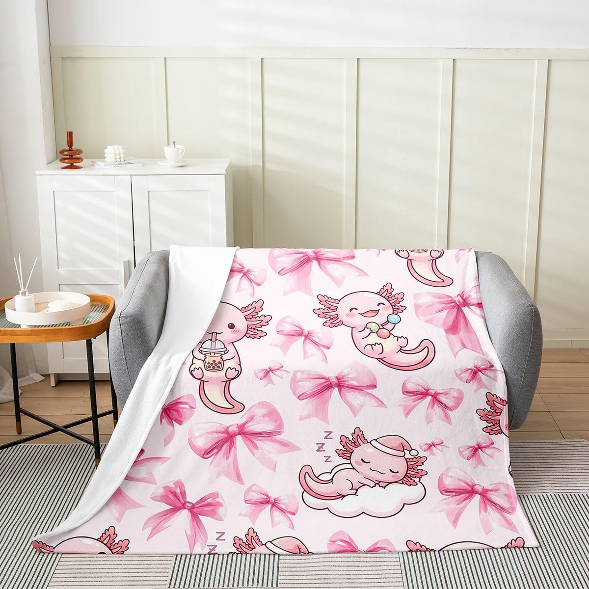 Feelyou Axolotl Flannel Blanket Plush Fuzzy Ribbon Bow Fleece Throw Blanket for Boys Girls Cute Kawaii Aesthetic Plush Lightweight Sofa Throw Salamander Throw 50"x60" for Bed Couch Chair