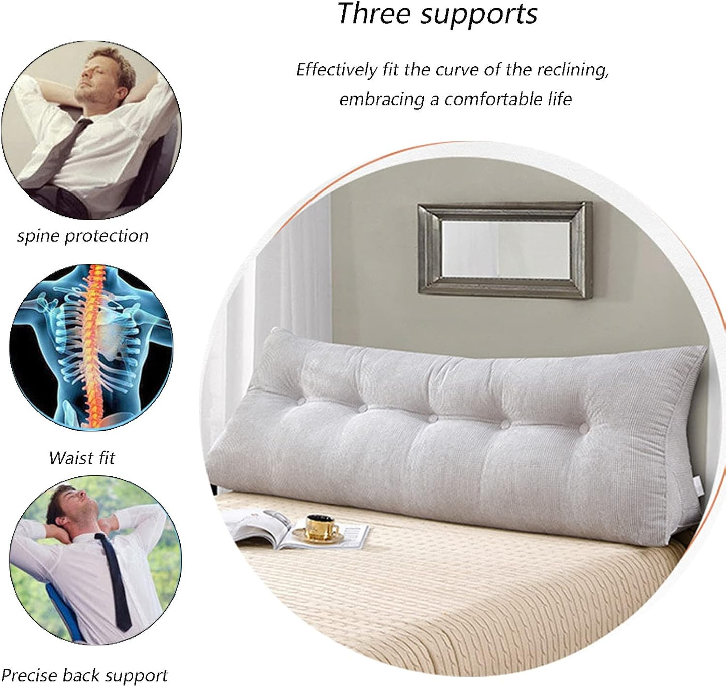 Headboard Bolster Pillow for Bed Rest & Back Support, 47.25IN Positioning Pillow for Sitting Comfort, Ideal for Reading & Relaxing in Bed (D 31.4IN/80CM)