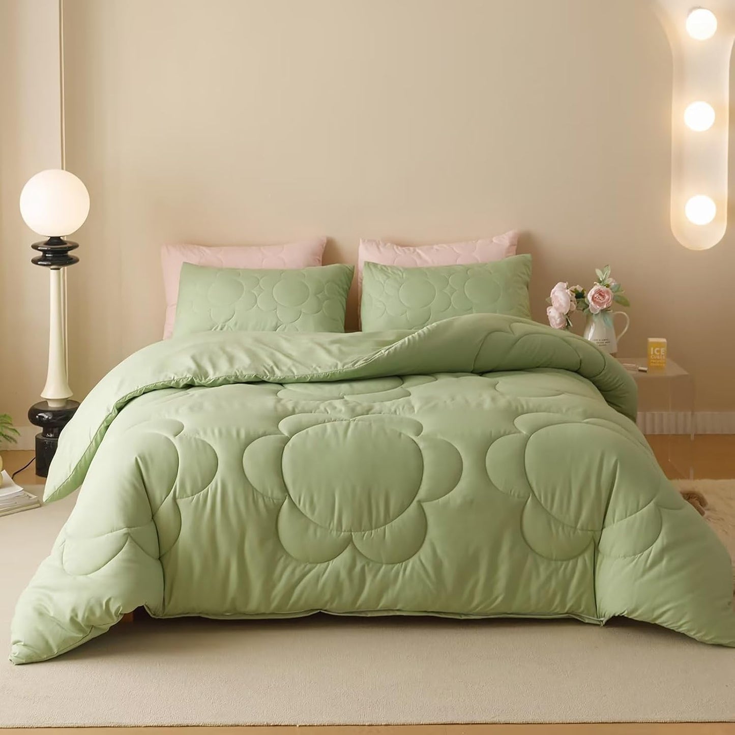 Cottonight Sage Sunflower Comforter Set - Queen Size, Light Green Floral Bedding Set - Women's Boho Farmhouse Chic Blanket & Quilts - Soft, Breathable, Grass Green Printed 3 Piece Set