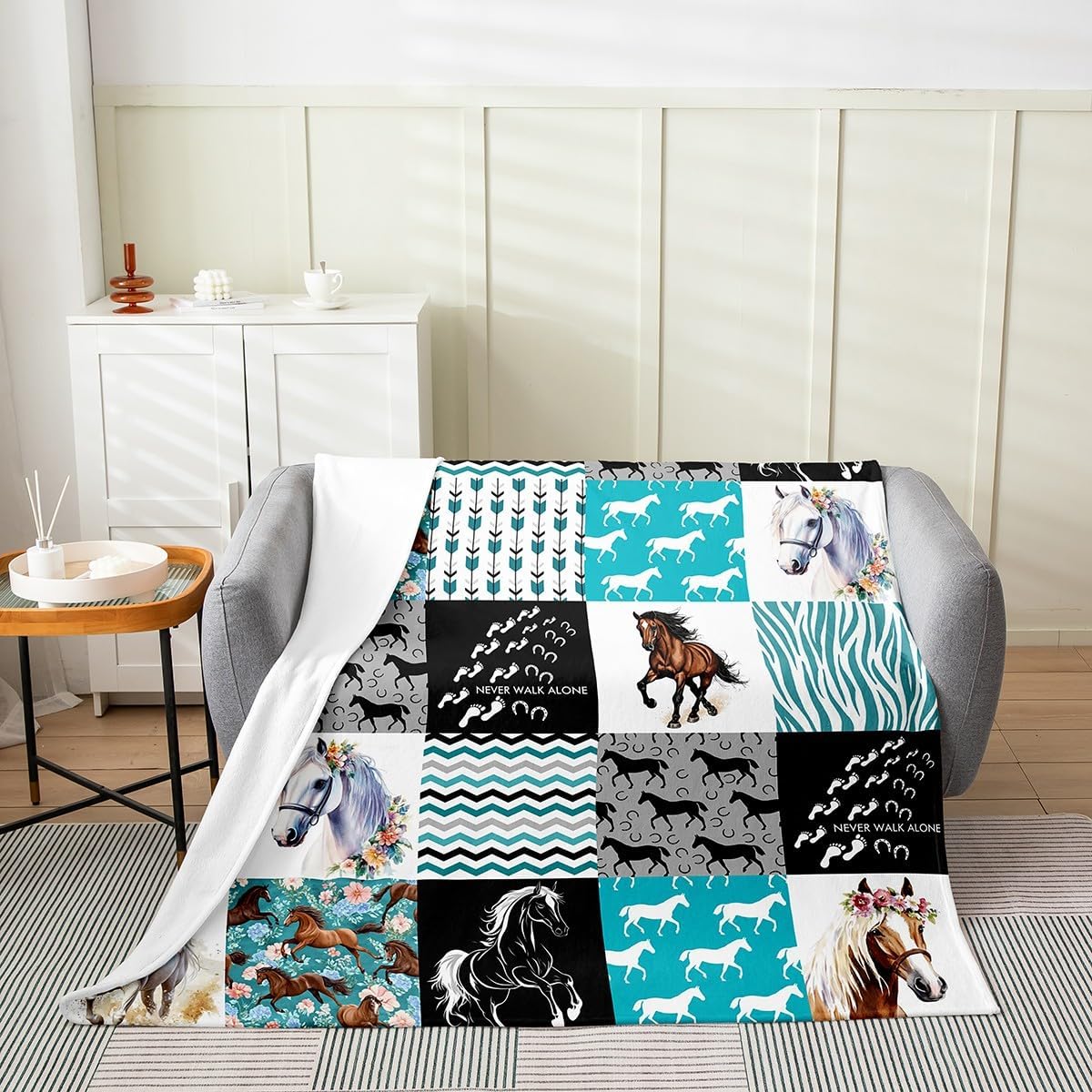 Erosebridal Horse Bed Blanket Twin 60x80,Western Farmhouse Horse Blanket for Girls,Boho Arrow Teal Zebra Stripe Throw Blanket for Kids Boys Women,Rose Flower Rustic Cowboy Fleece Blanket Black White