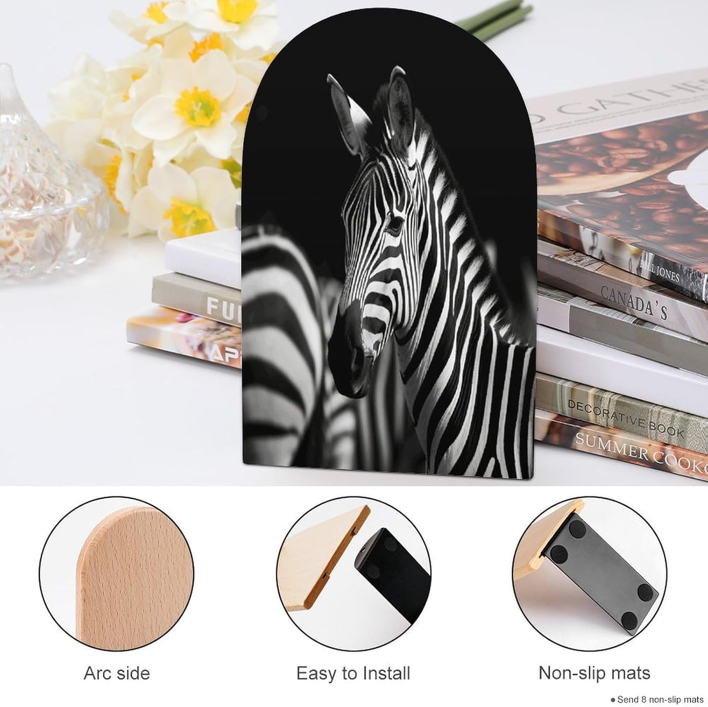 Black & White Zebra Bookend for Shelves Wooden Book End Large Size Sturdy Book Holders Stoppers with Metal Base for Bookshelves Slick Decorative Bookends Stands