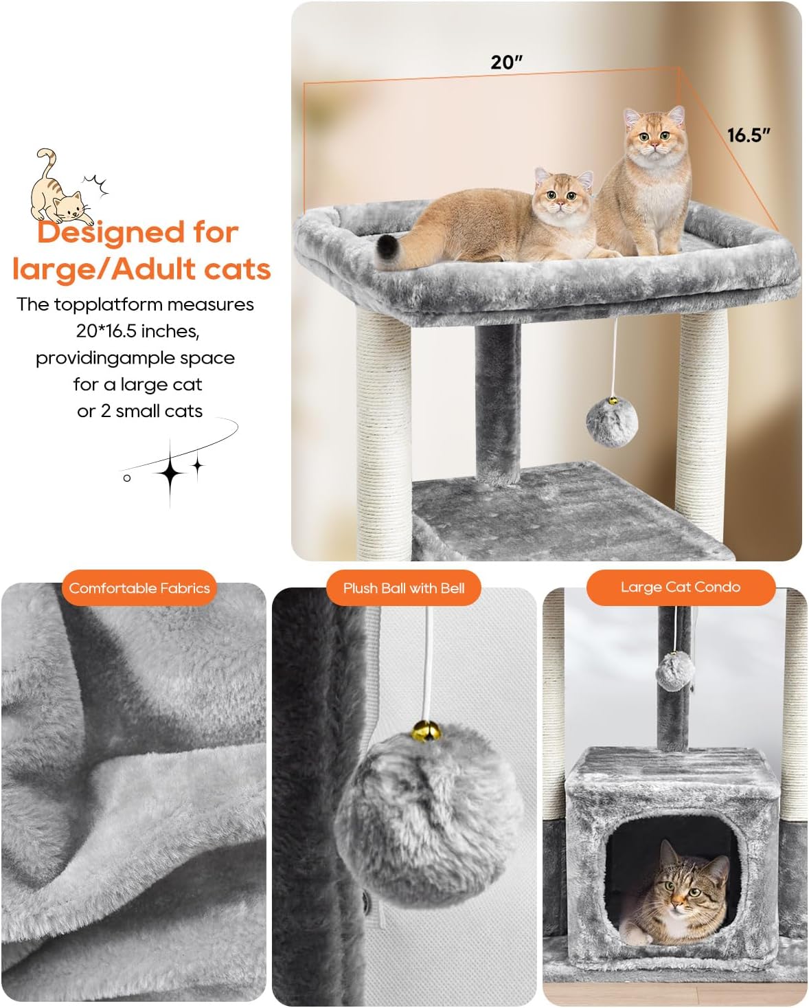 SYANDLVY 27IN Cat Tree for Indoor Cats Large Adult, Modern Activity Tower with Scratching Posts, Condo with Plush Perch, Climbing Stand with Spring Ball for Play, Grey