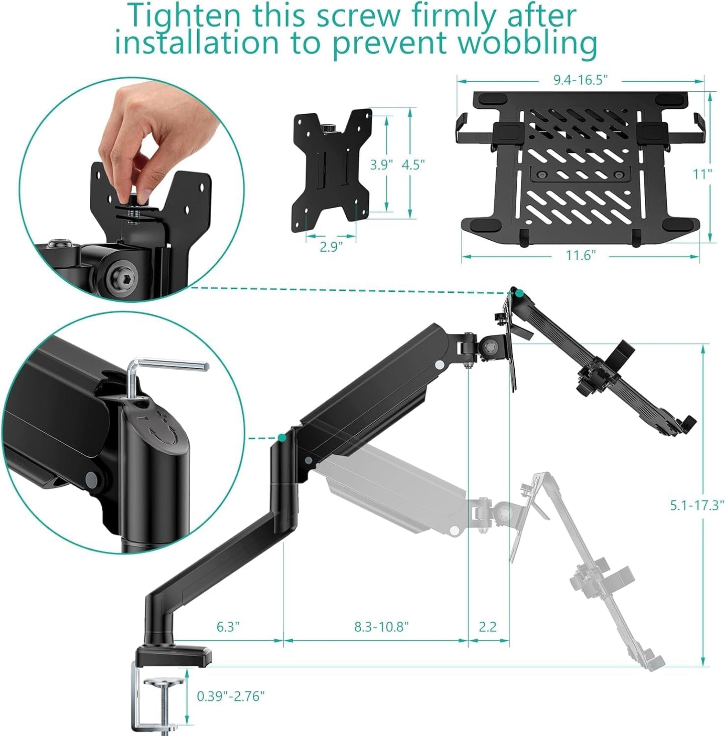 WALI Single Arm Laptop and Monitor Desk Mount for 17" Notebook and Single Screen, 2-in-1 Adjustable Gas Spring Monitor Arm with Laptop Tray, VESA 75x75 100x100,Holds 22-26.4 lbs, Black (GSMP001NLP)
