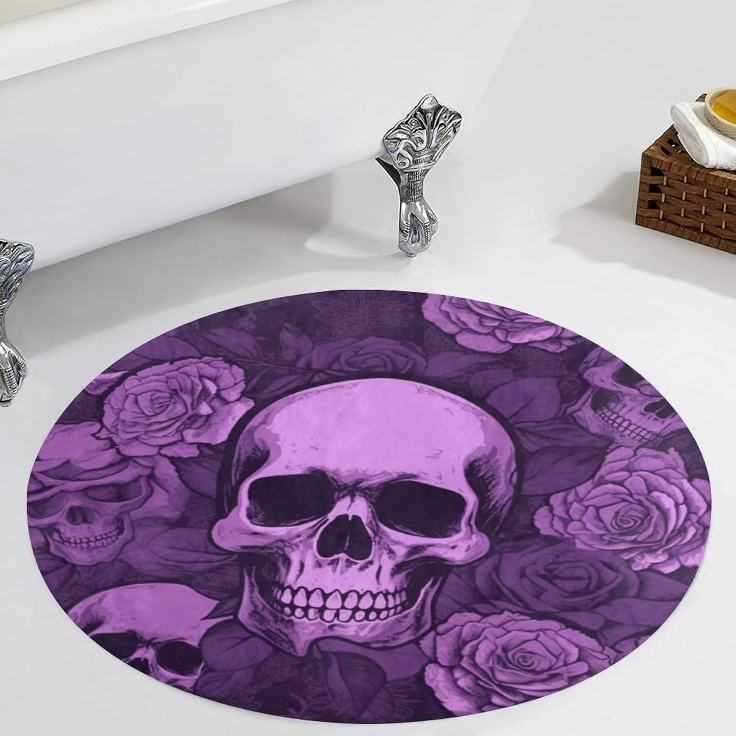 Purple Skulls and Roses Circle Rug Retro Luxury Coral Velvet Floor Mat Non Slip Soft Indoor Floor Carpet Comfy Thickened Area Rugs Modern Aesthetic Minimalist Carpets for Home Decor