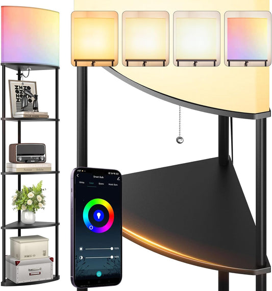 addlon 5-Tier Corner Shelf Floor Lamp with Type C, USB Port & 1 Power Outlet and 3CCT LED Bulb, Modern Display Lamp for Narrow Corner Bookshelf lamp for Living Room, Bedroom, Office - Black