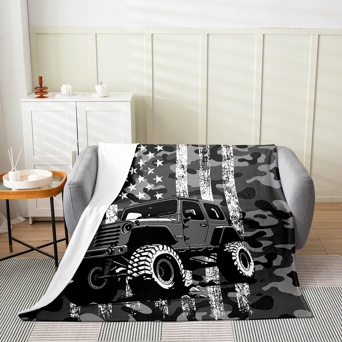 Manfei Gray Off-Road Vehicle Flannel Blanket,Retro Camouflage American Flag Graffiti Fleece Blanket for Room Decor,Adventure Sports Race Car Throw Blanket for Sofa Couch,50"x60"