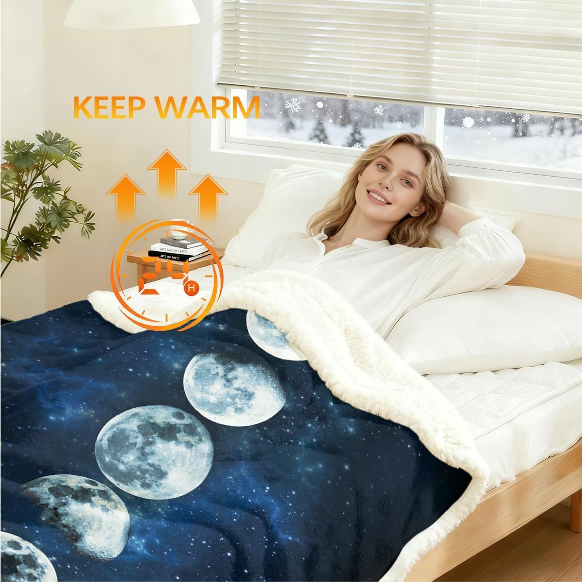Sleepwish Lunar Eclipse Fleece Throw Blanket for Couch Chair Fuzzy Dark Blue Moon Phases Print Plush Sherpa Blanket for Kids, Moon Decor Gifts Throw(50" X 60")