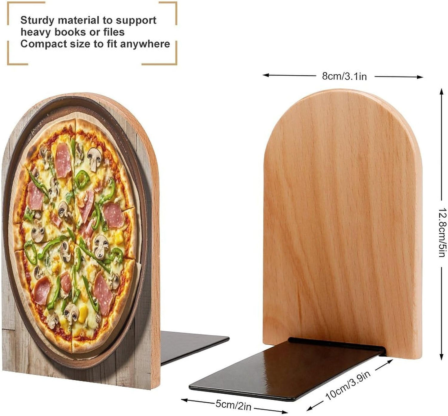 A Full Pizza Bookends 1 Pair Heavy Duty Book Ends for Shelves Non-Skid Bookend Supports Wooden Book Holders with Metal Base Desk Organizers Books Storage to Hold Books
