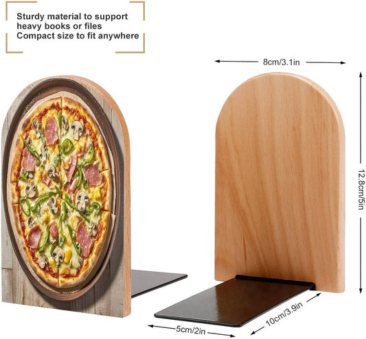 A Full Pizza Bookends 1 Pair Heavy Duty Book Ends for Shelves Non-Skid Bookend Supports Wooden Book Holders with Metal Base Desk Organizers Books Storage to Hold Books