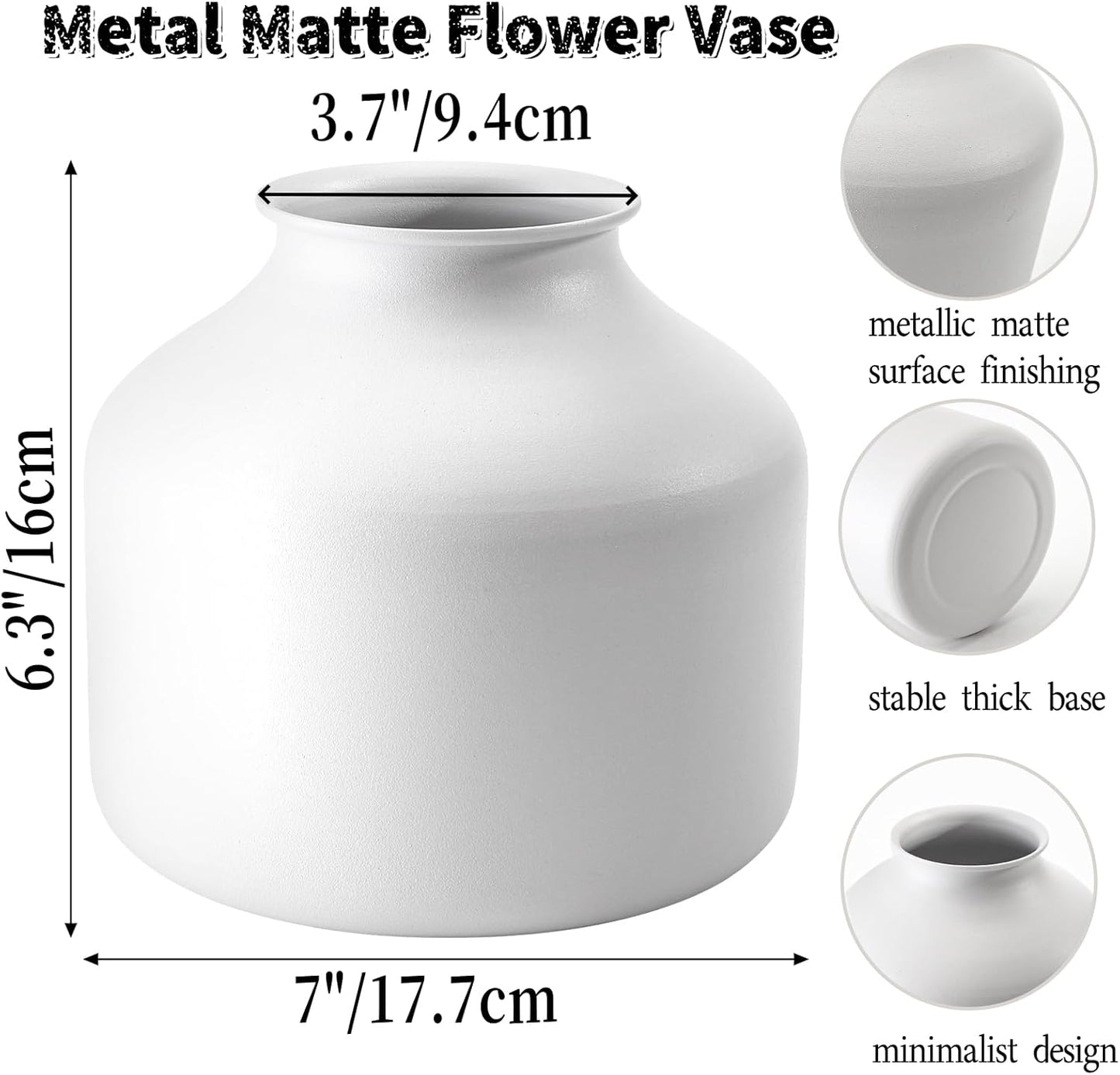 Goaste Metal Matte Flower Vase, Small White Vase for Flowers, 6.3 Inch Tall Iron Frosted Floral Arranging Vases, Nordic Style Round Boho Vases for Modern Minimalist Home Decor, Wedding, Bookshelf