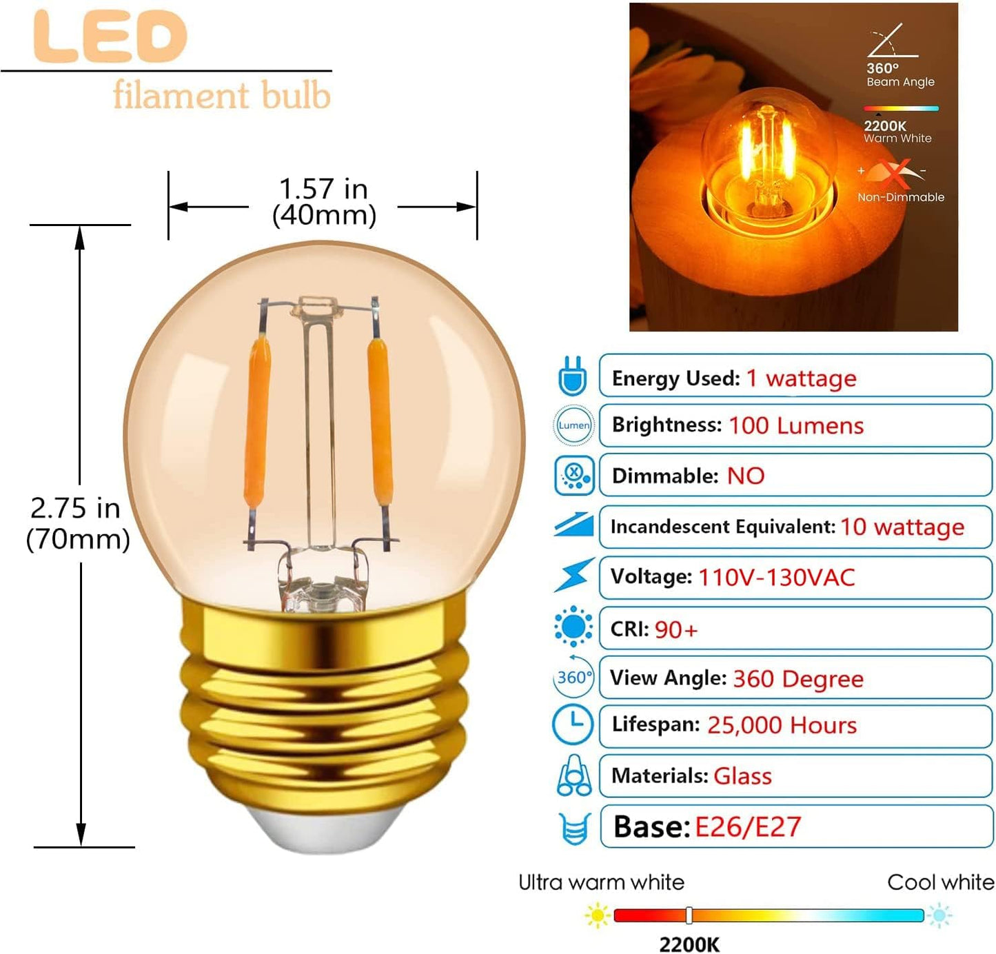 G40 E26 1W Low Wattage LED Bulbs Vintage Small Globe Filament Nightlight 10 Watt Edison Style Amber Bulb, 2200K Warm White Non Dimmable, 6Pack