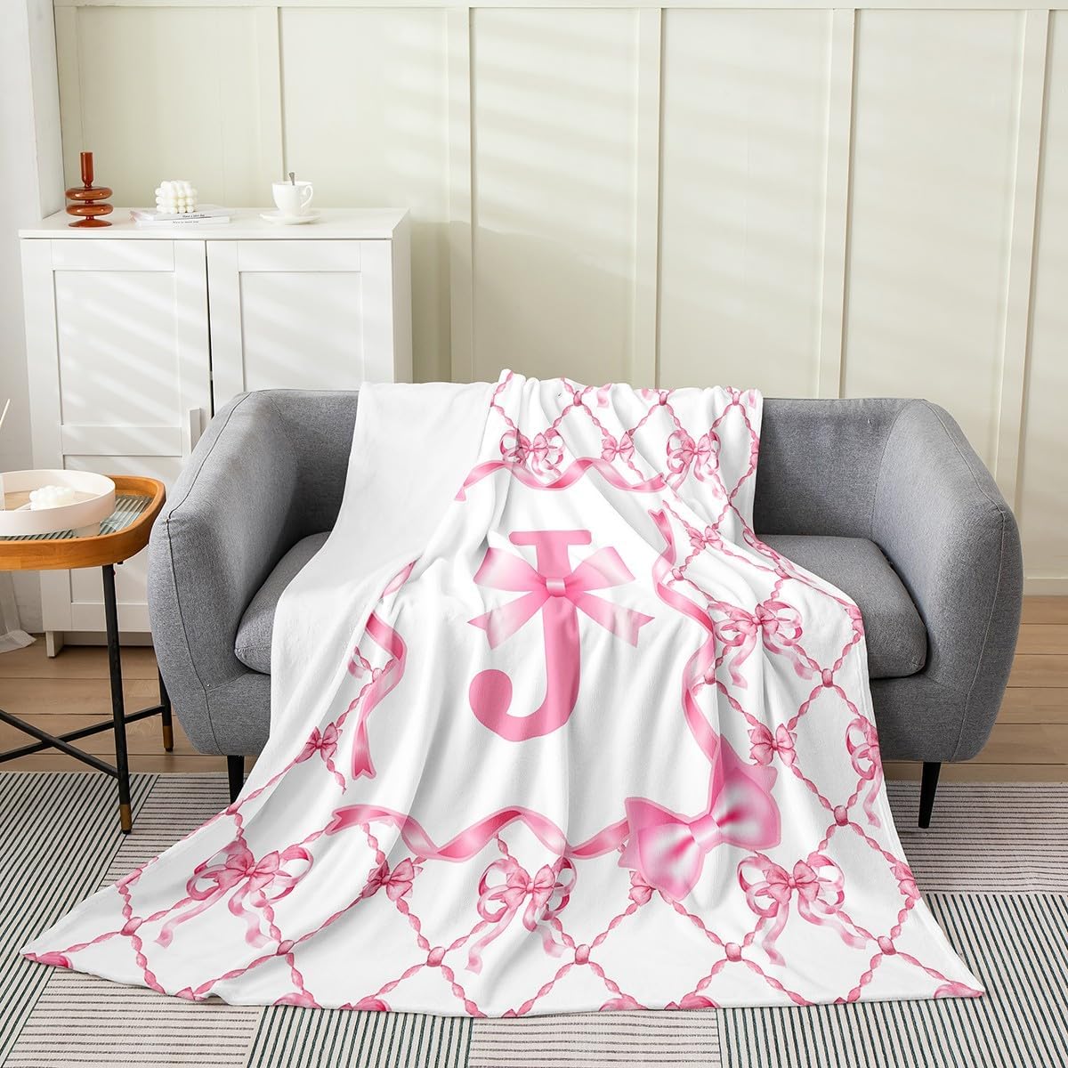 Erosebridal Aesthetic Bowknot Blanket Queen 90x90 Coquette Preppy Bow Flannel Blanket with Monogrammed Initial Design Letter J Sofa Bed Couch Decor
