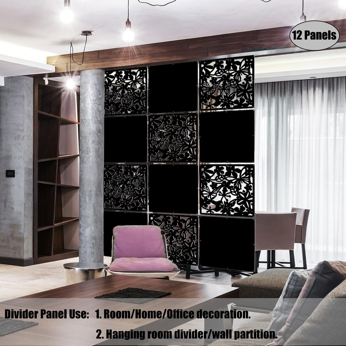 LRZCGB Hanging Room Divider,12pcs PVC Black Panel Screen Solid for Decorating Living, Dining, Study and Sitting-Room, Hotel(Black+Solid Board)